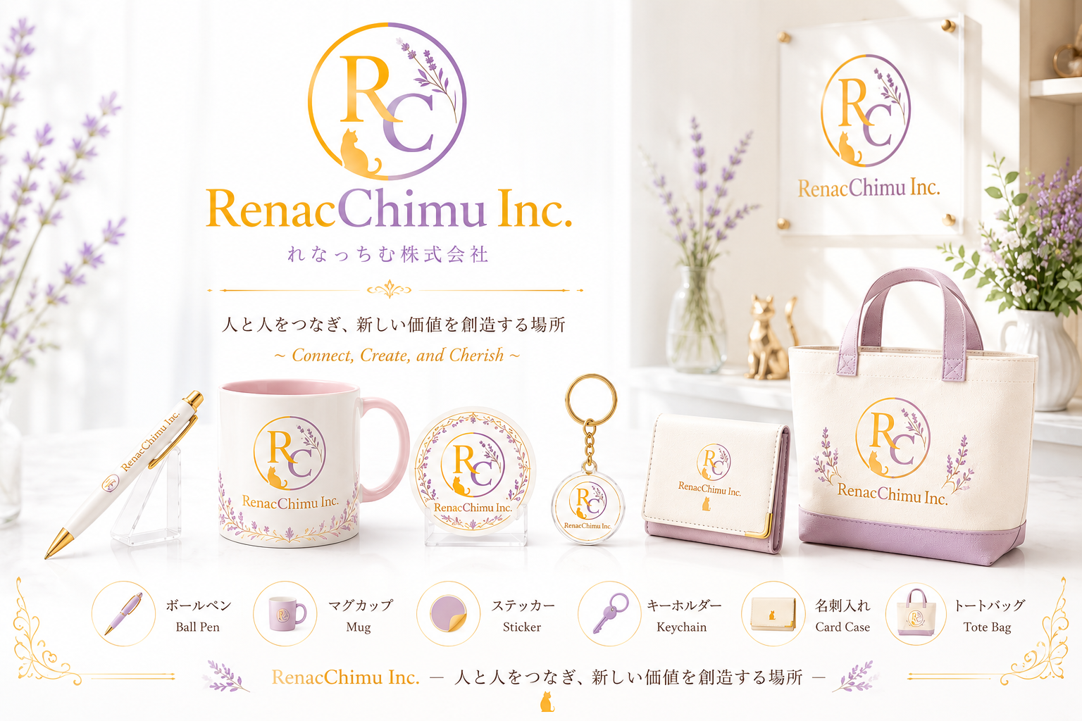 RenacChimuの名刺・ペン・マグカップなどのブランドイメージ